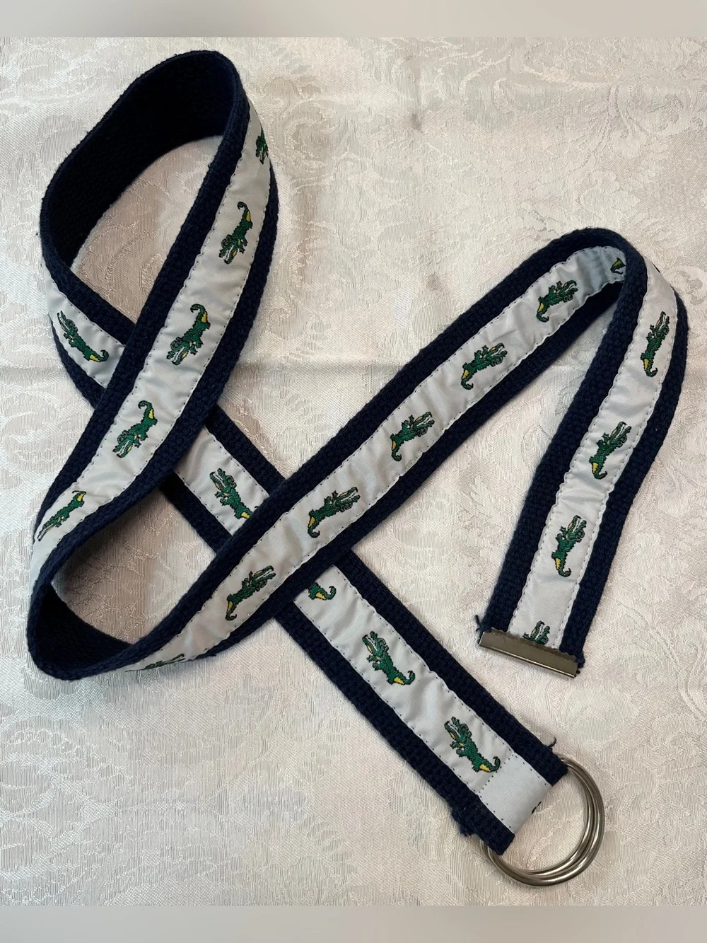 Belt in Navy and White Crocodile Print D-Ring Belt